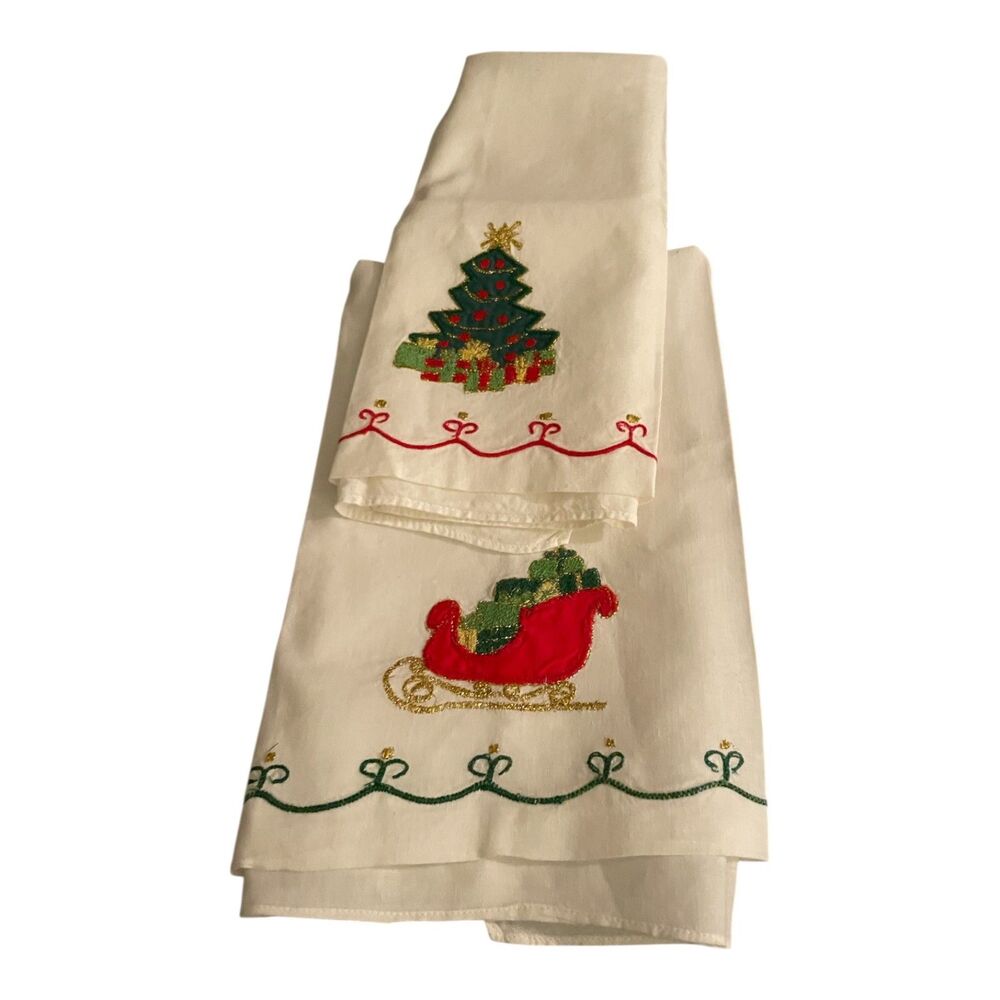 Vintage Lillian Vernon Christmas Holiday Appliqued Tea Towels 100% Cotton
